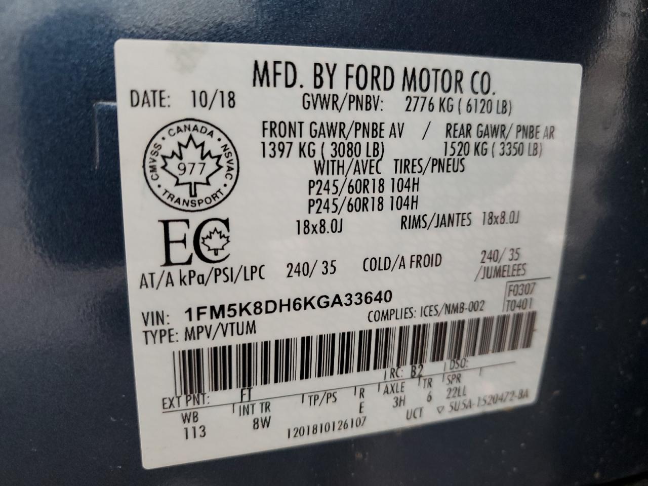 1FM5K8DH6KGA33640 FORD EXPLORER 2019