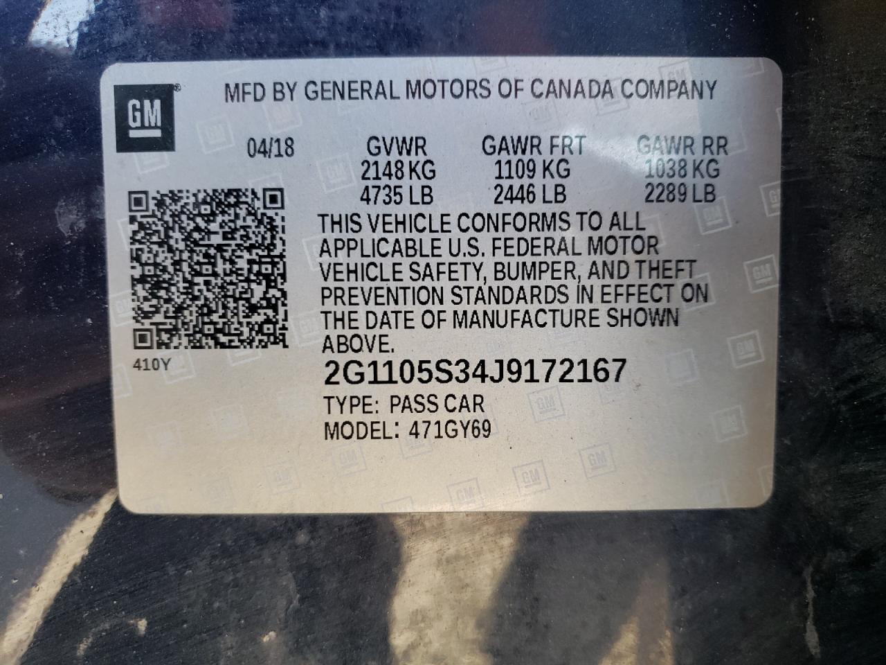 2G1105S34J9172167 CHEVROLET IMPALA 2018