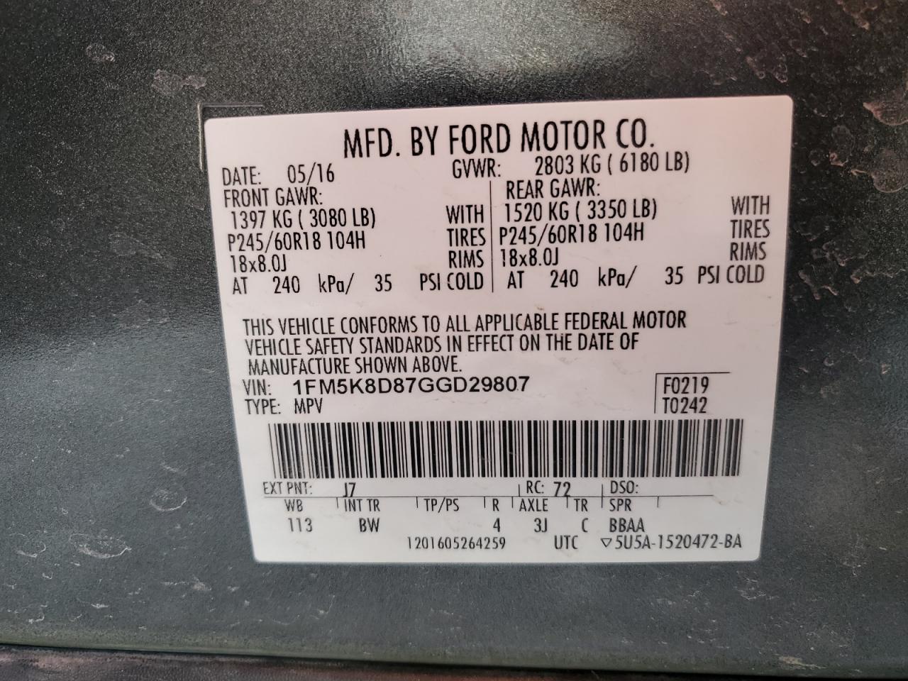 1FM5K8D87GGD29807 FORD EXPLORER 2016