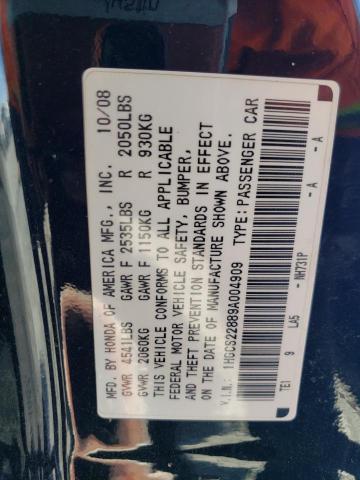 2009 Honda Accord Exl VIN: 1HGCS22889A004909 Lot: 43164504