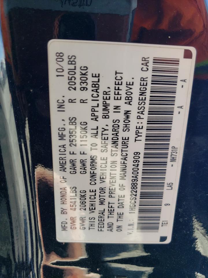 1HGCS22889A004909 2009 Honda Accord Exl