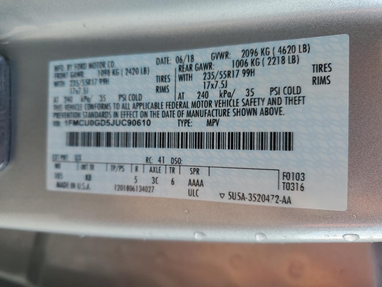 1FMCU0GD5JUC90610 FORD ESCAPE 2018