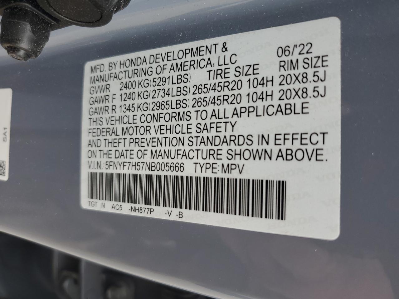 5FNYF7H57NB005666 HONDA PASSPORT 2022