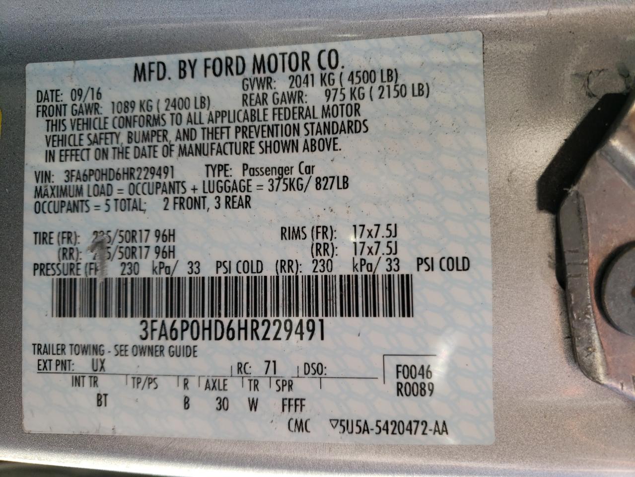 3FA6P0HD6HR229491 FORD FUSION 2017