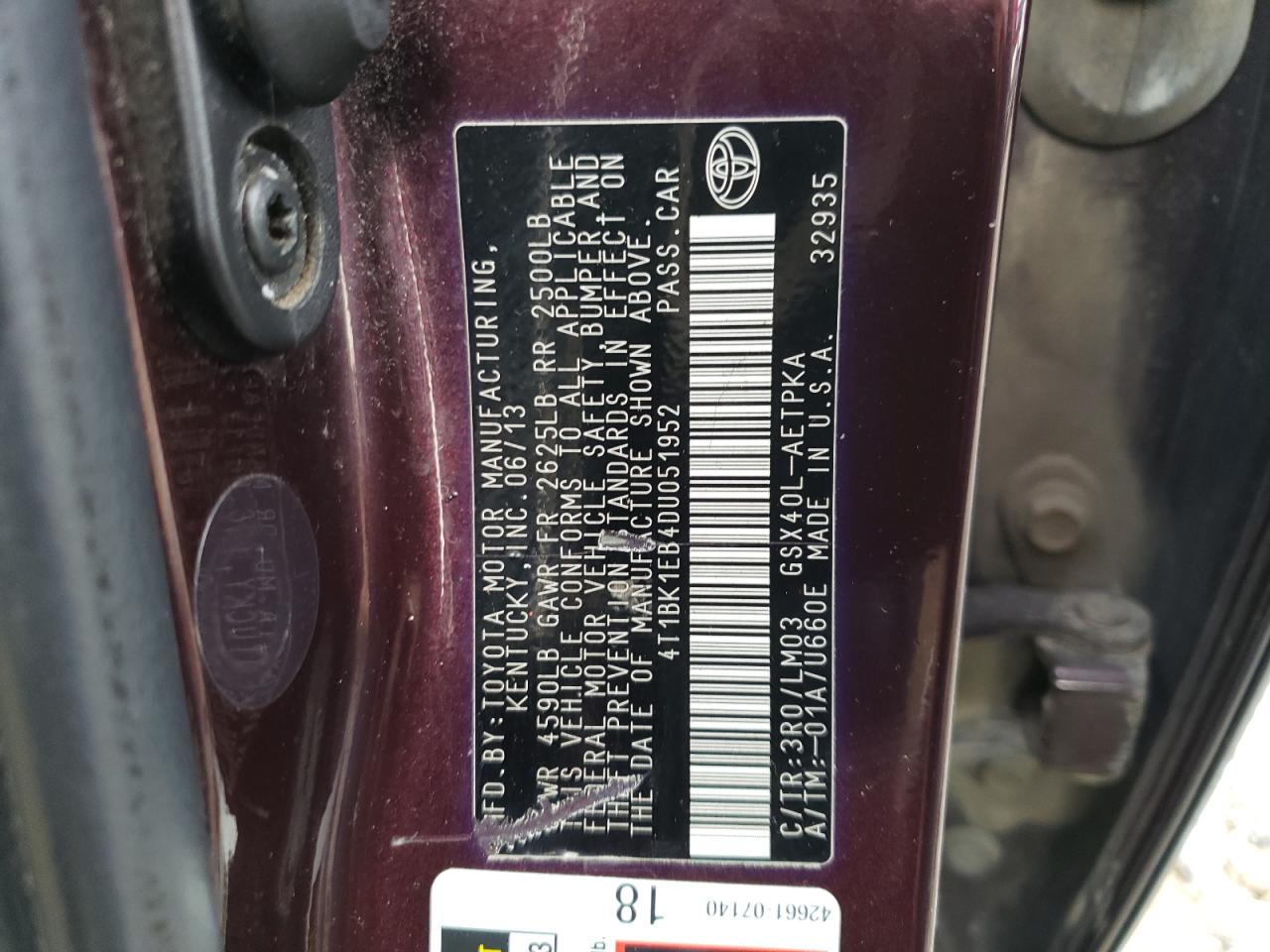 4T1BK1EB4DU051952 2013 Toyota Avalon Base