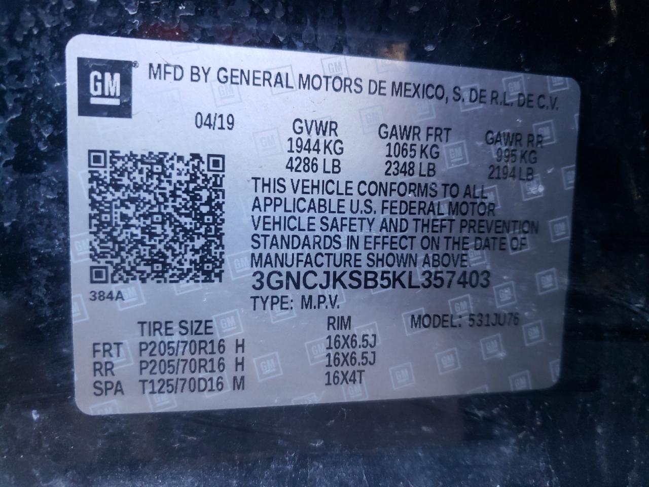 3GNCJKSB5KL357403 CHEVROLET TRAX 2019