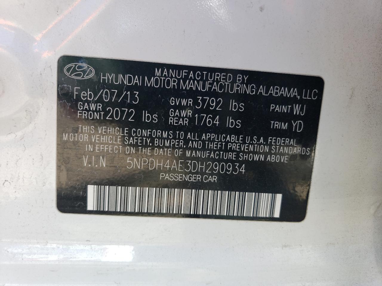 5NPDH4AE3DH290934 2013 Hyundai Elantra Gls