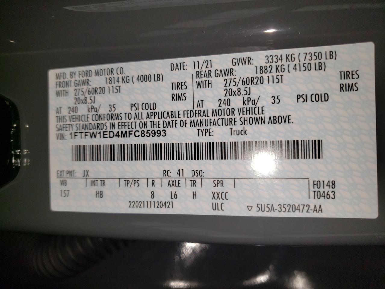 1FTFW1ED4MFC85993 FORD F-150 2021