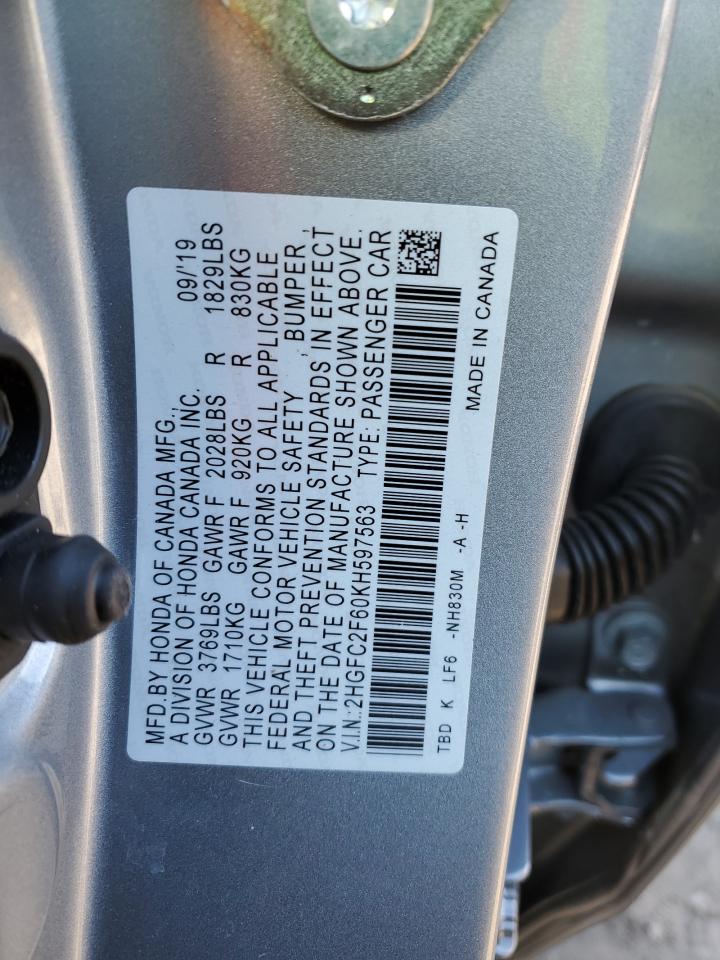 2HGFC2F60KH597563 HONDA CIVIC 2019