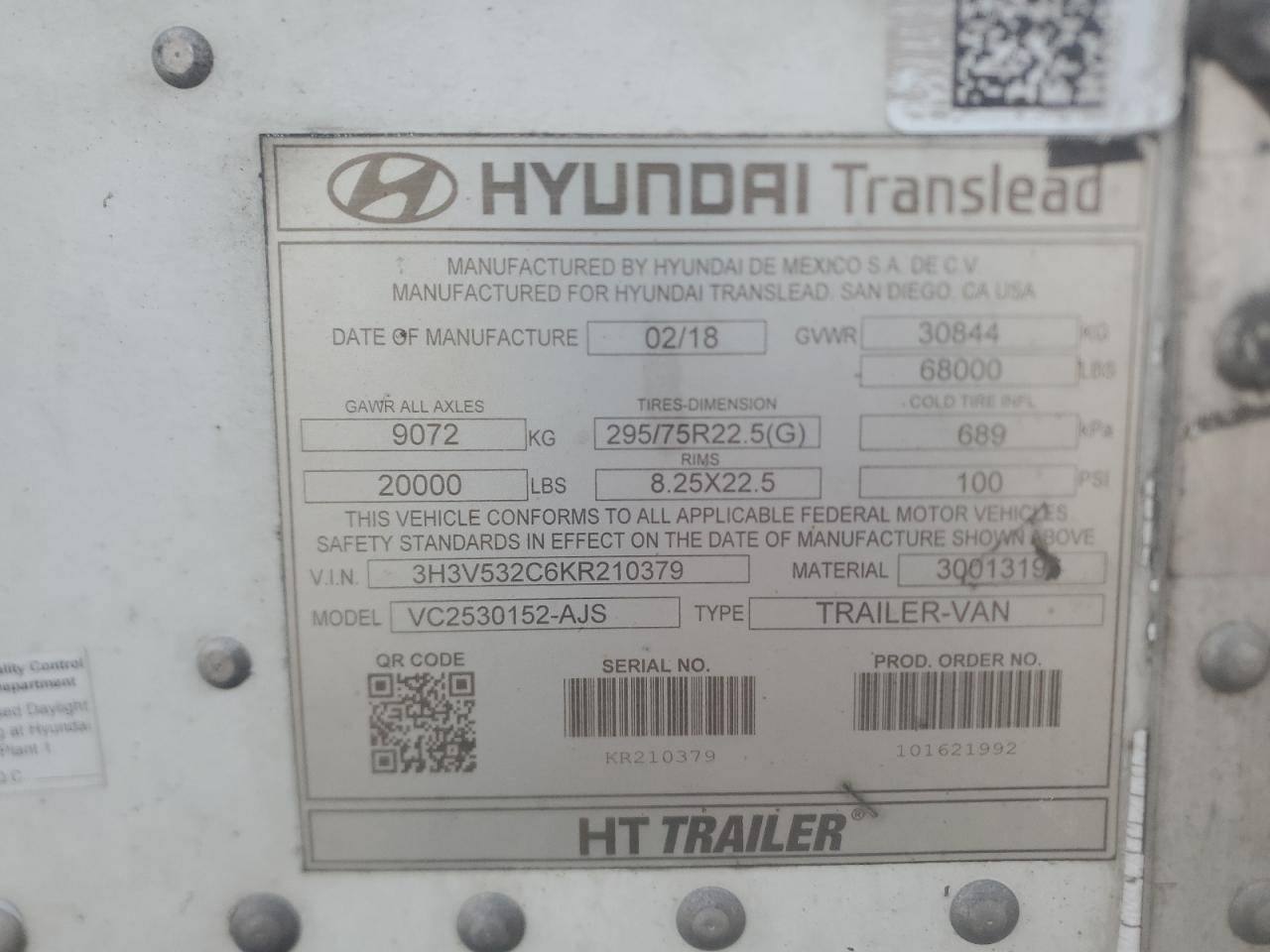 3H3V532C6KR210379 HYUNDAI ALL Models 2019