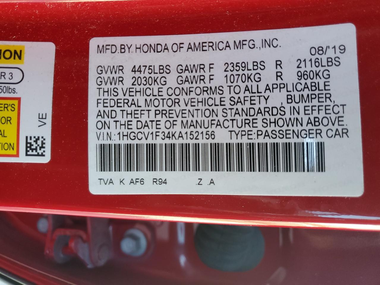 1HGCV1F34KA152156 HONDA ACCORD 2019