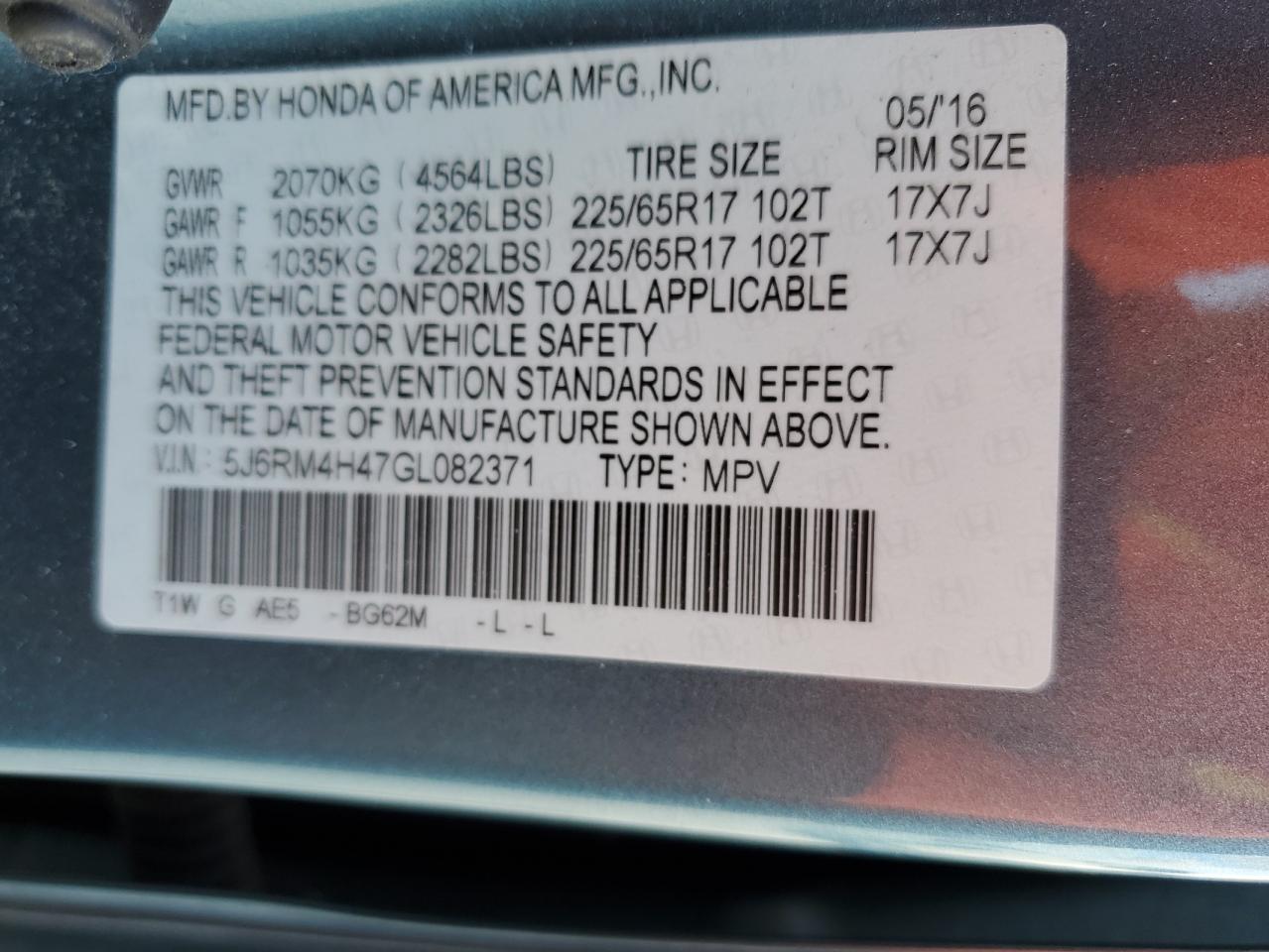 5J6RM4H47GL082371 HONDA CRV 2016