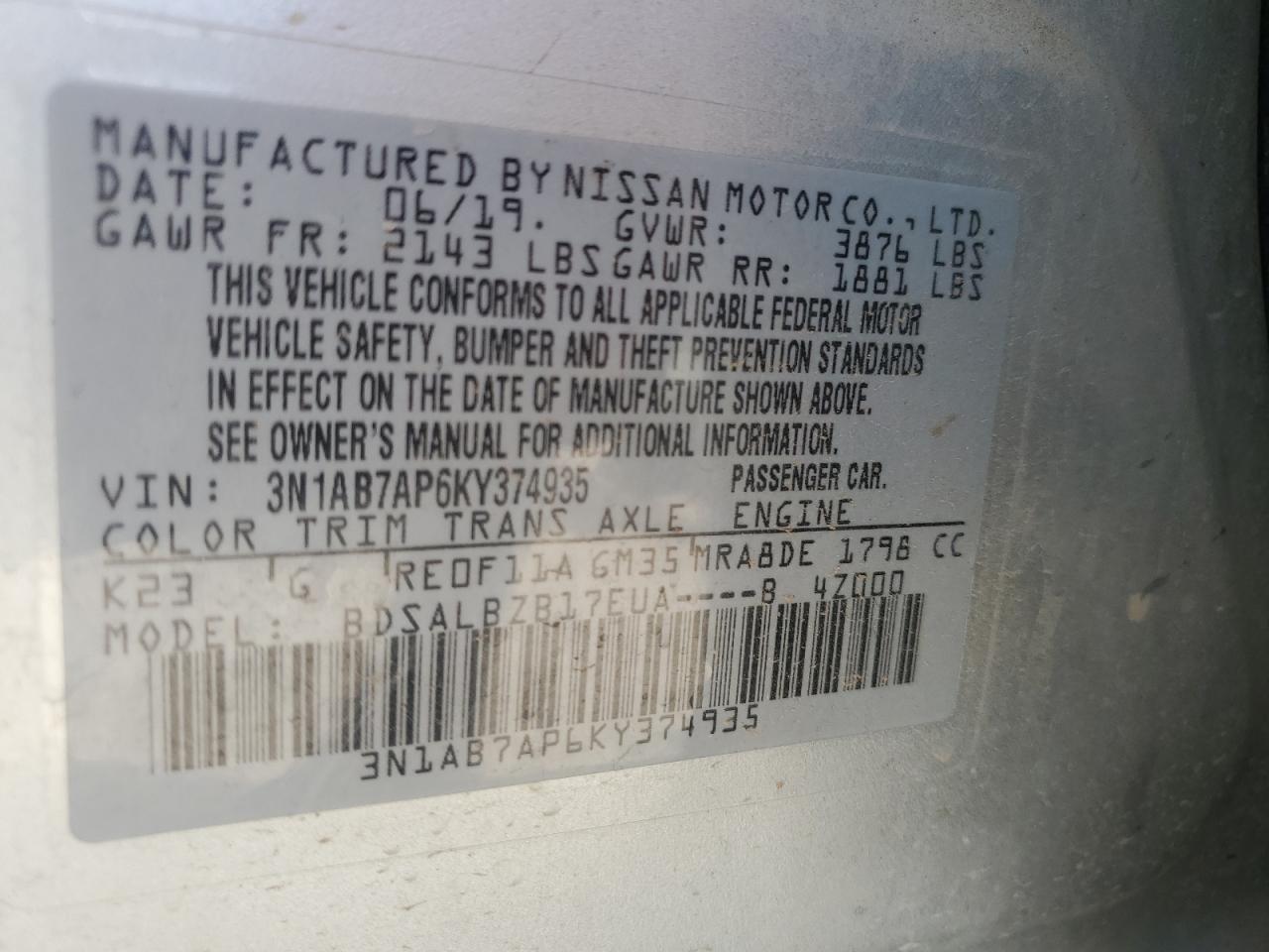 3N1AB7AP6KY374935 NISSAN SENTRA 2019
