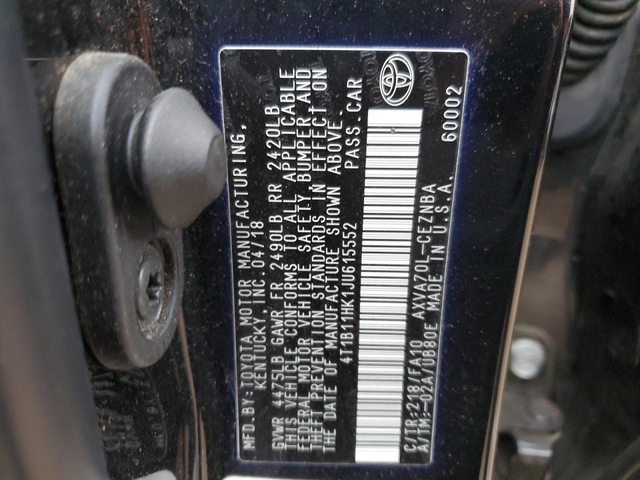 4T1B11HK1JU615552 TOYOTA CAMRY 2018