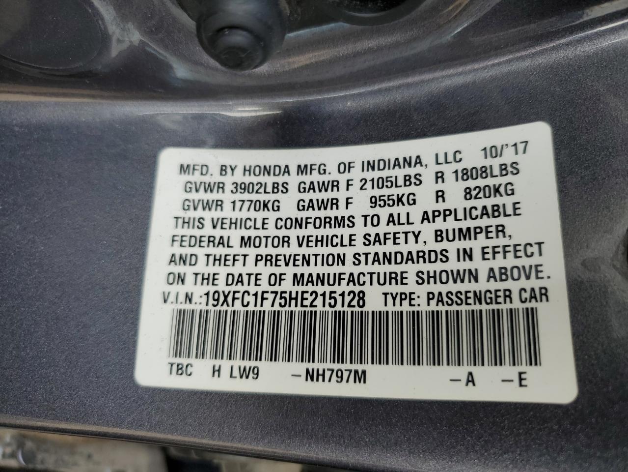 19XFC1F75HE215128 HONDA CIVIC 2017