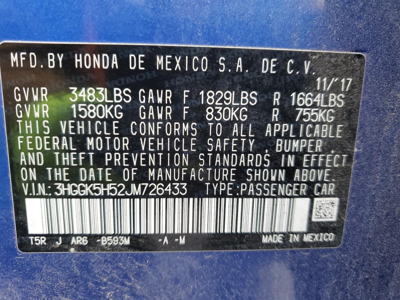 3HGGK5H52JM726433 HONDA FIT 2018