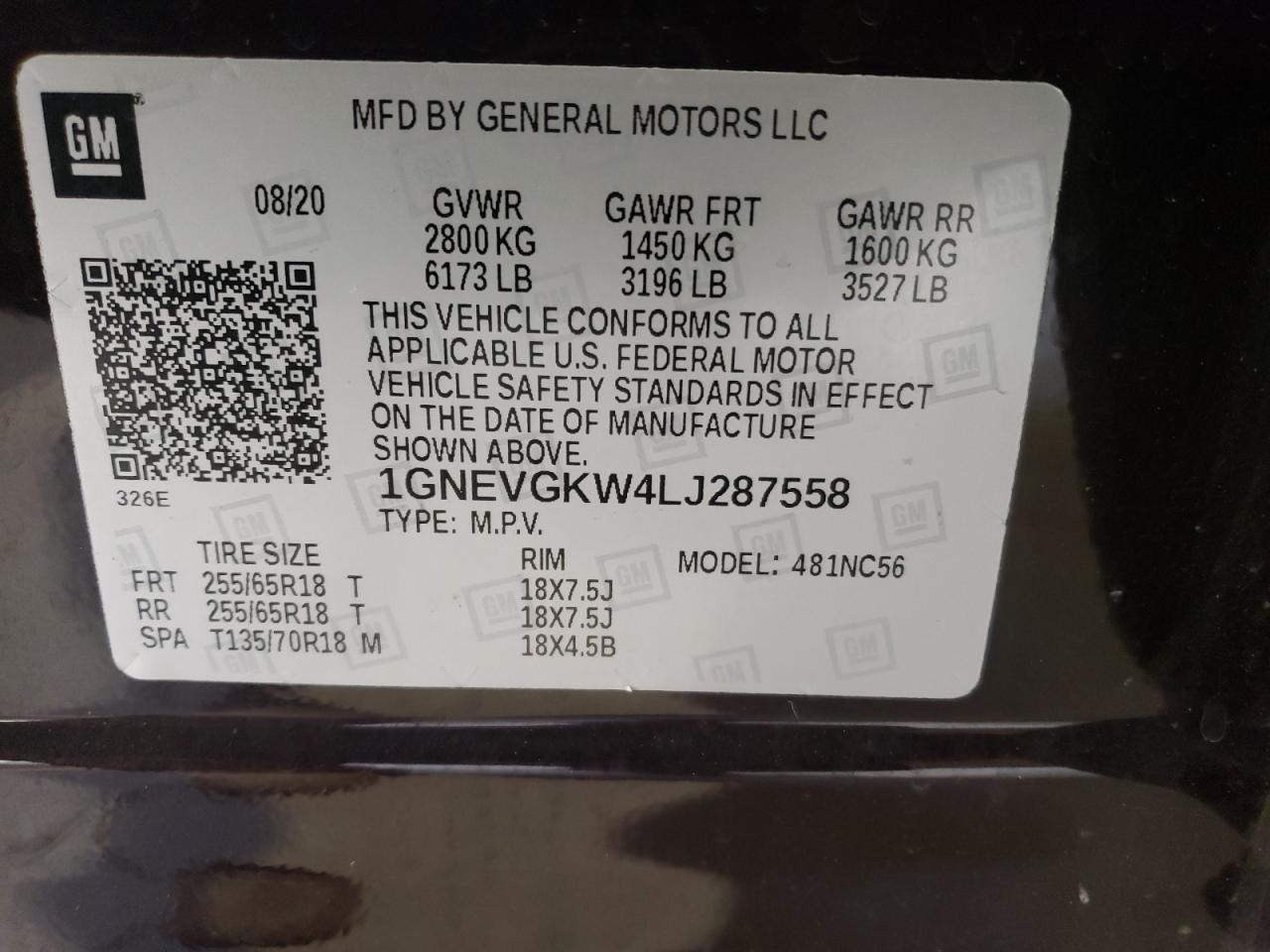 1GNEVGKW4LJ287558 CHEVROLET TRAVERSE 2020