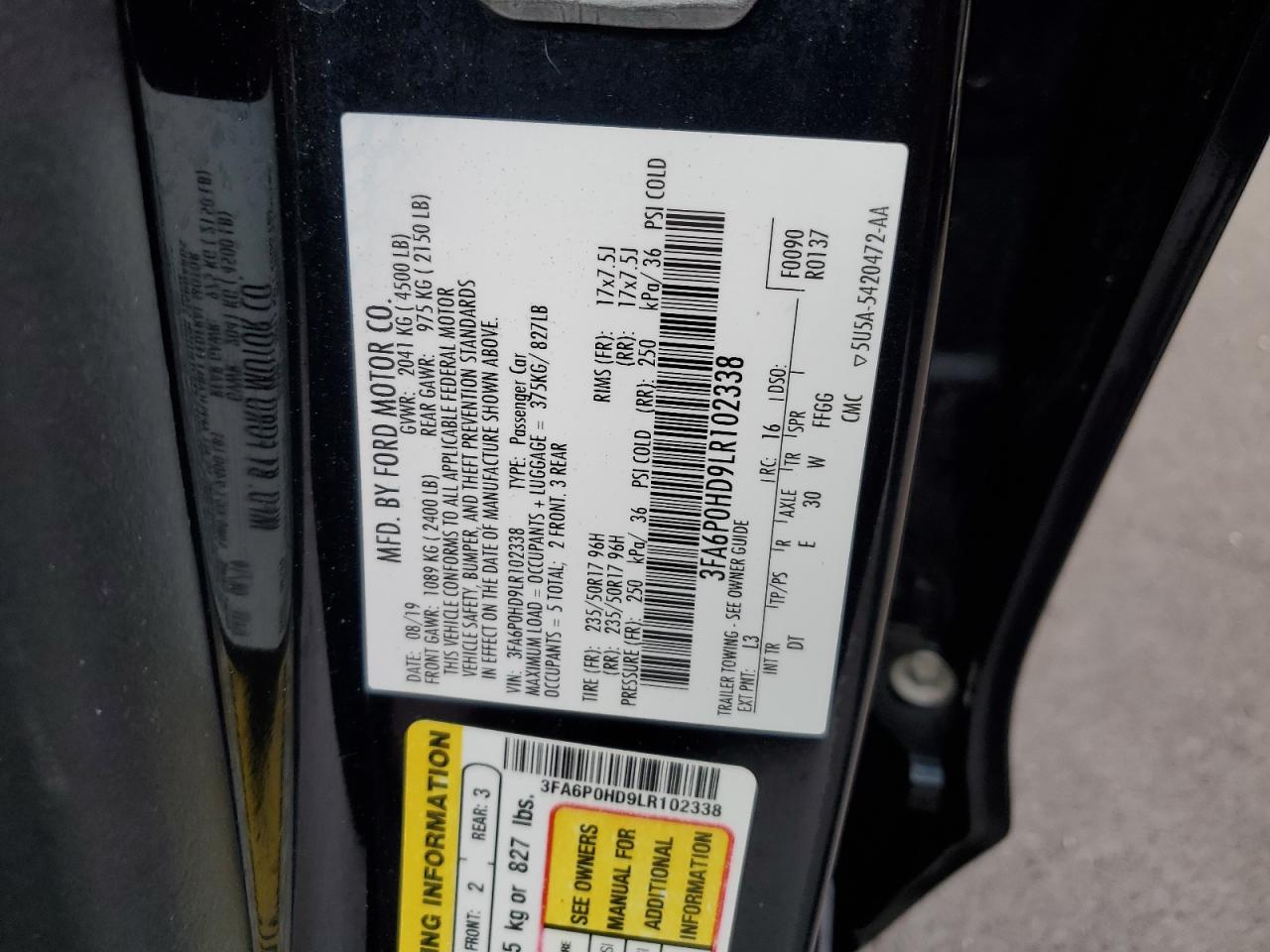 3FA6P0HD9LR102338 FORD FUSION 2020