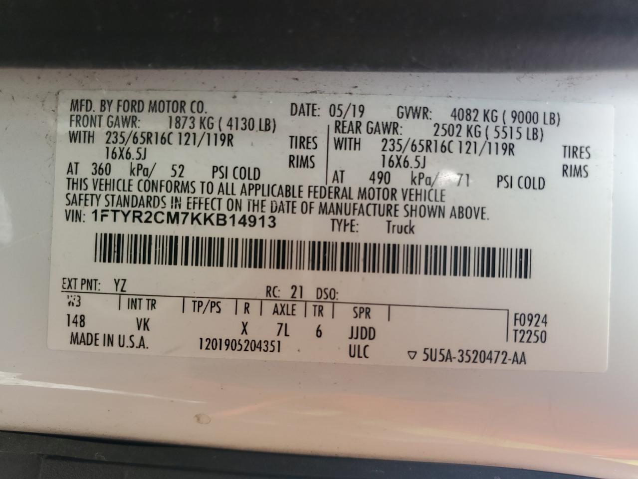 1FTYR2CM7KKB14913 FORD TRANSIT 2019