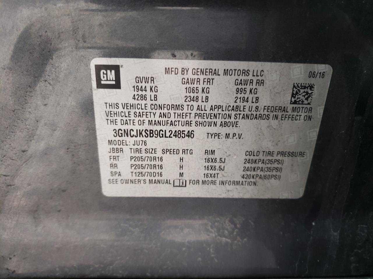 3GNCJKSB9GL248546 CHEVROLET TRAX 2016