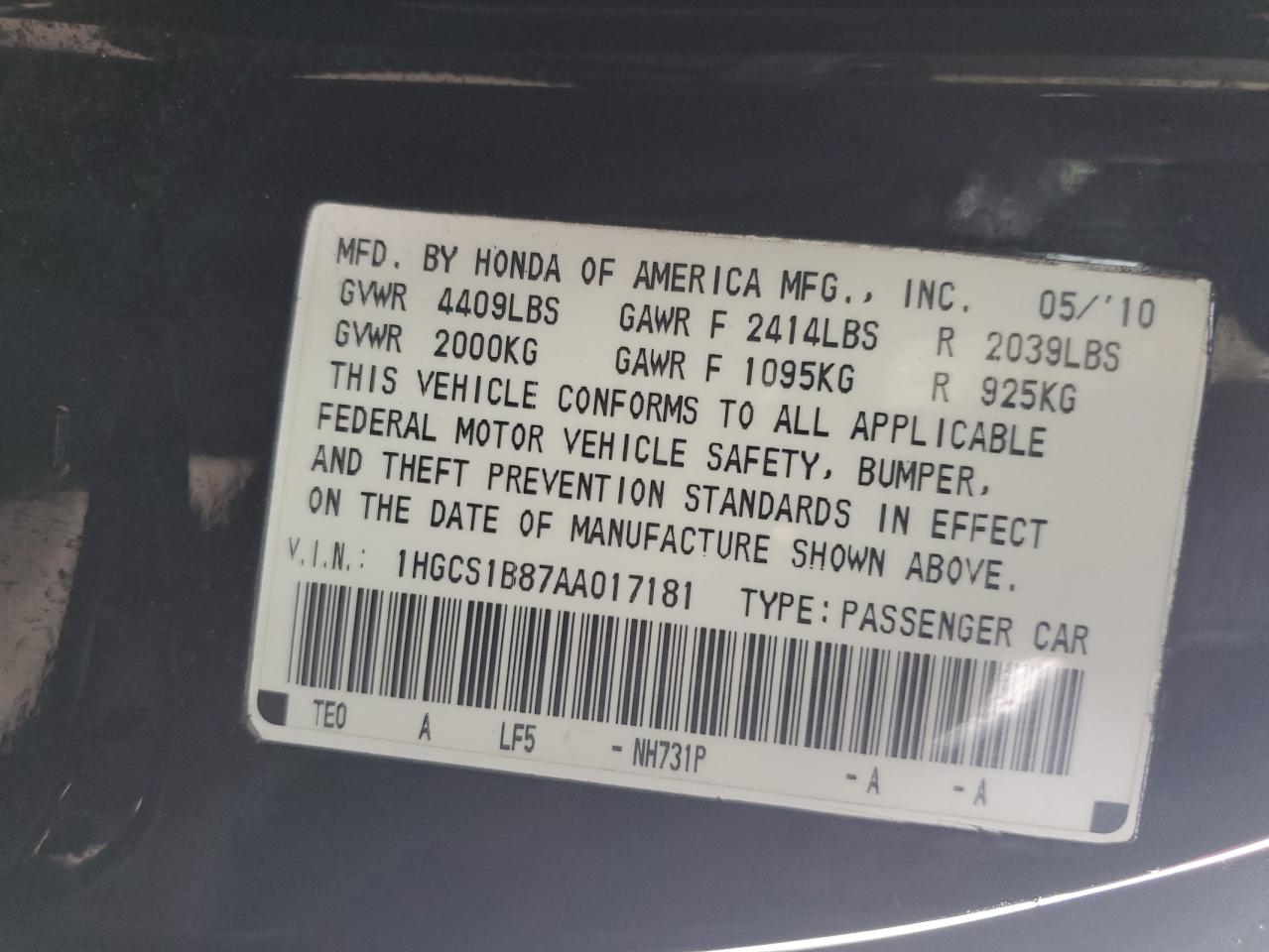 1HGCS1B87AA017181 2010 Honda Accord Exl