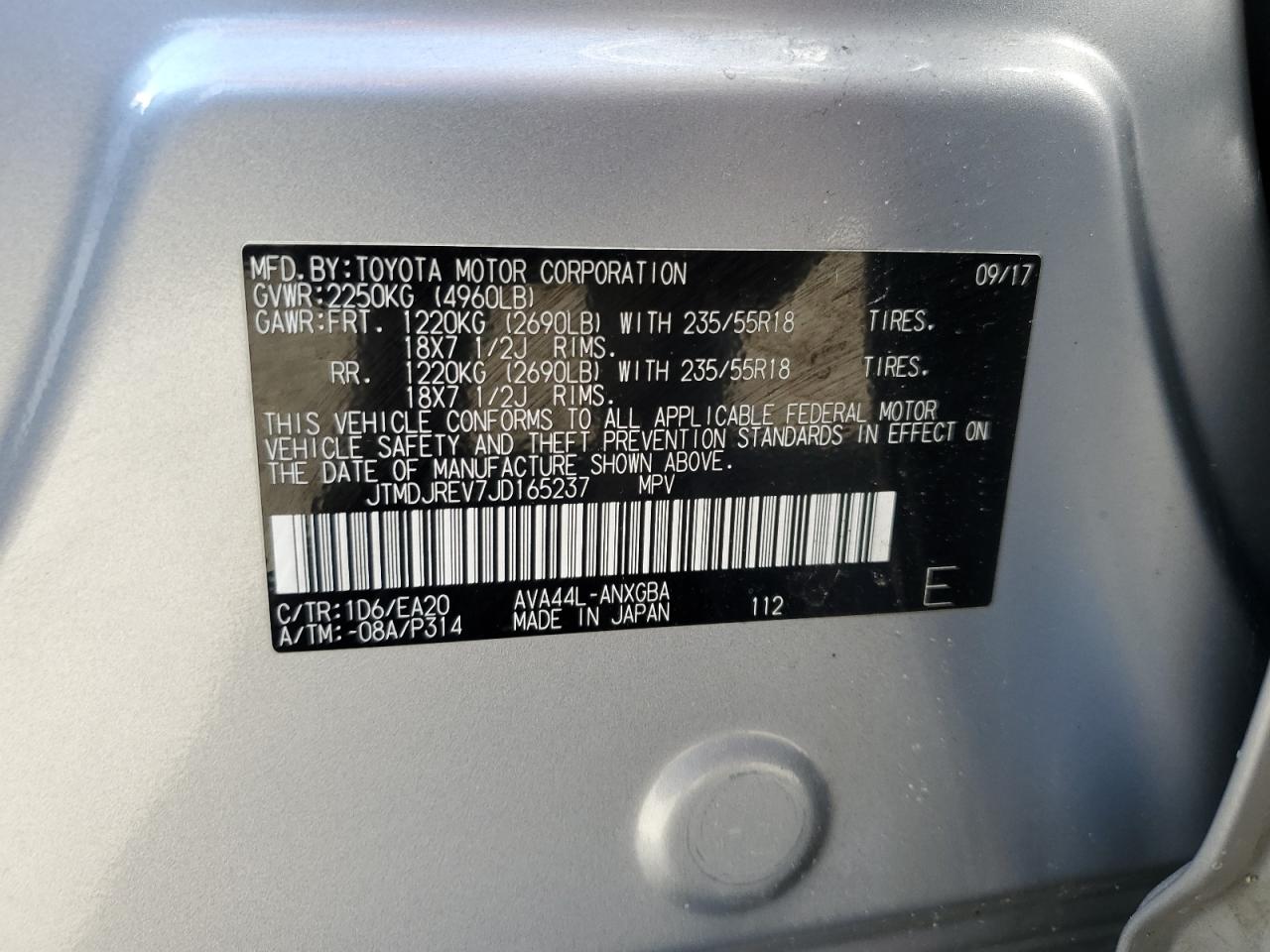 JTMDJREV7JD165237 TOYOTA RAV4 2018