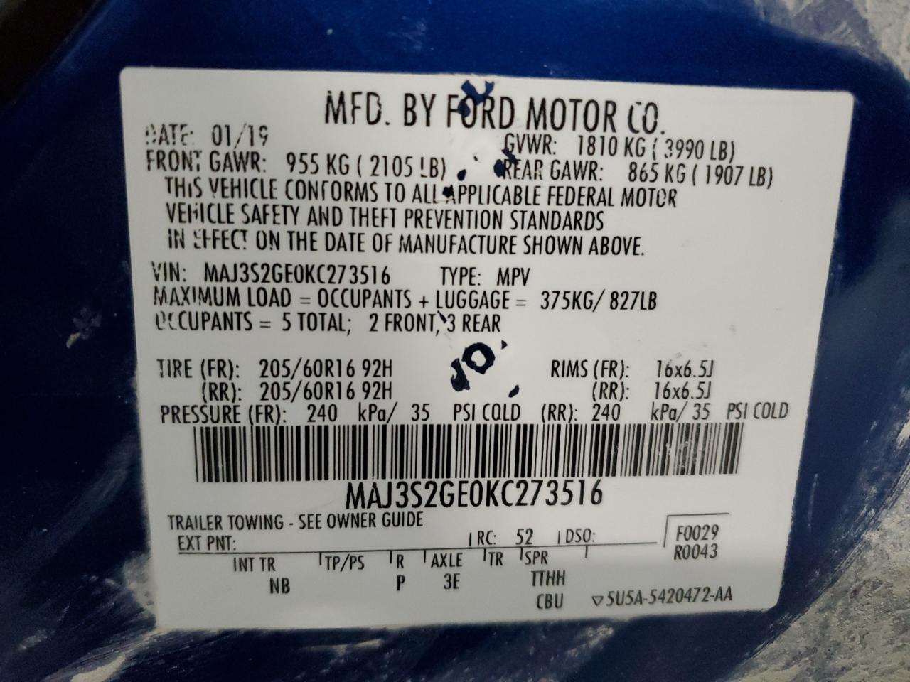 2019 Ford Ecosport S 1.0L(VIN: MAJ3S2GE0KC273516