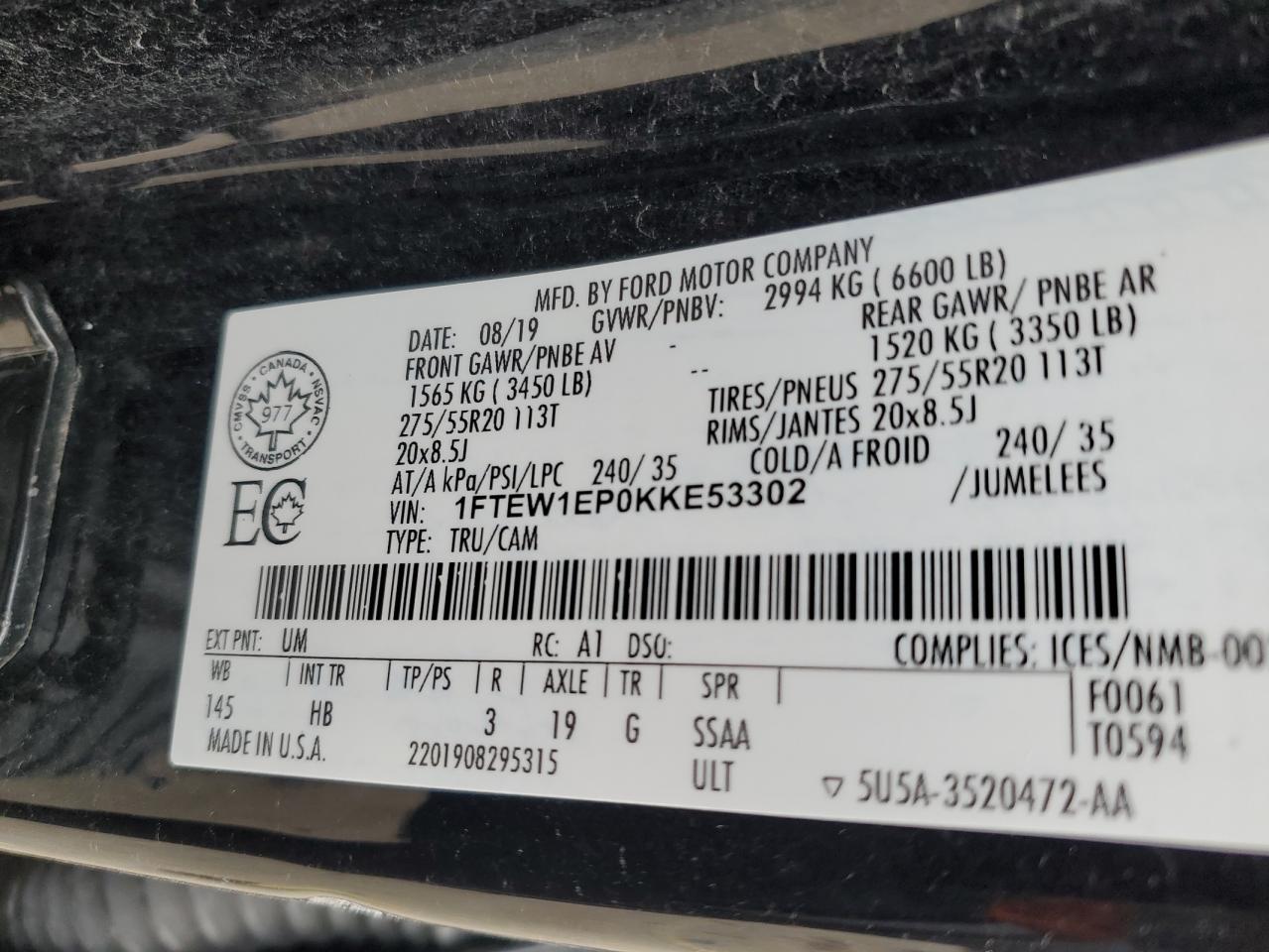 1FTEW1EP0KKE53302 FORD F-150 2019