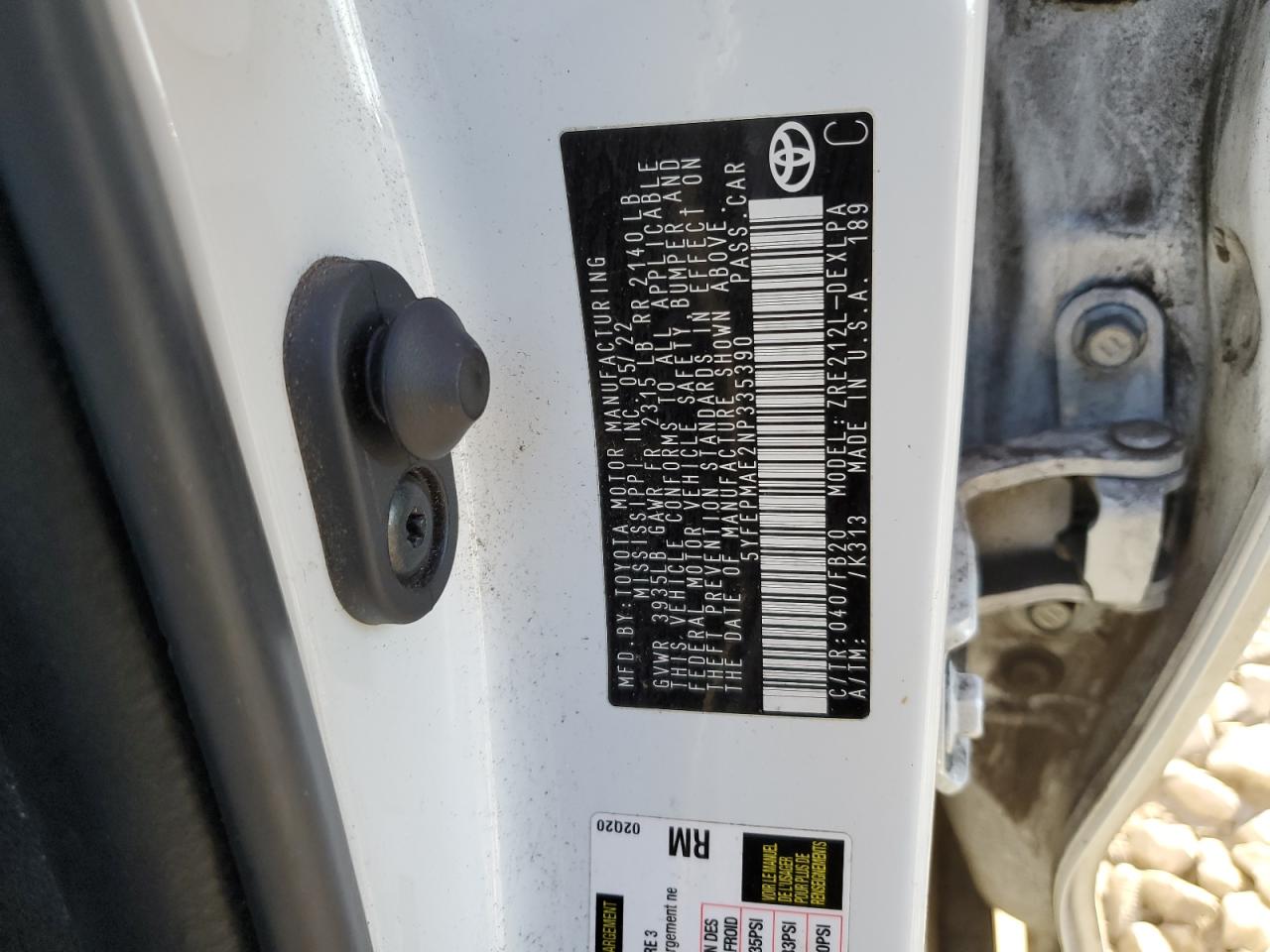 5YFEPMAE2NP335390 TOYOTA COROLLA 2022