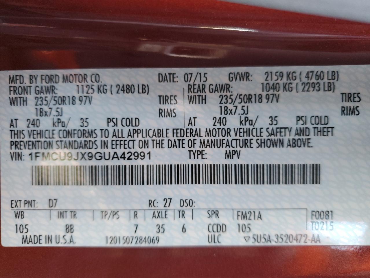 1FMCU9JX9GUA42991 FORD ESCAPE 2016