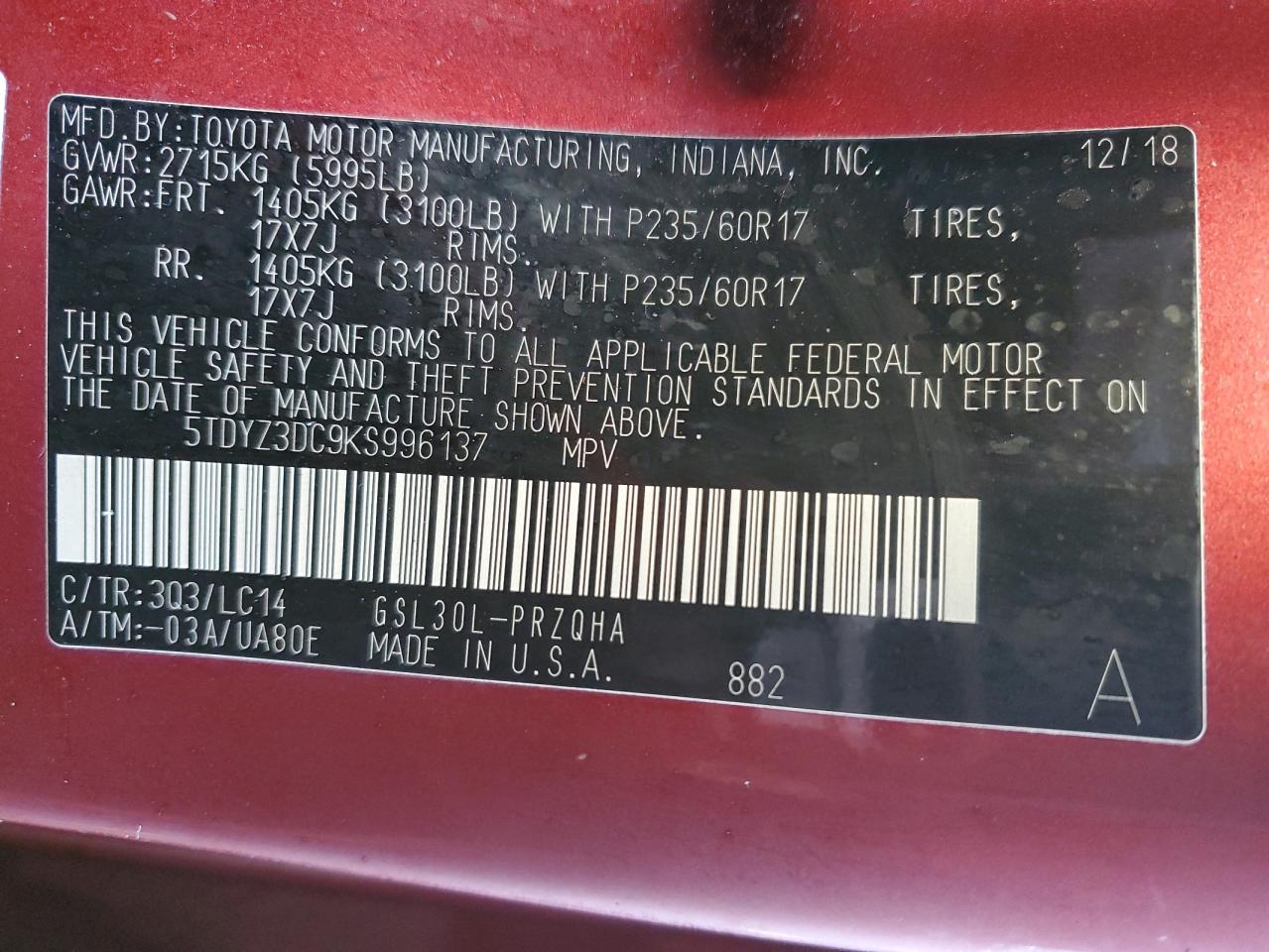5TDYZ3DC9KS996137 TOYOTA All Models 2019