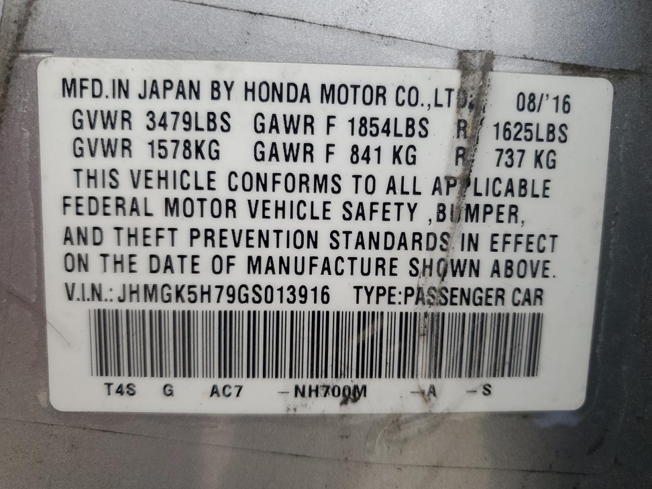 JHMGK5H79GS013916 HONDA FIT 2016