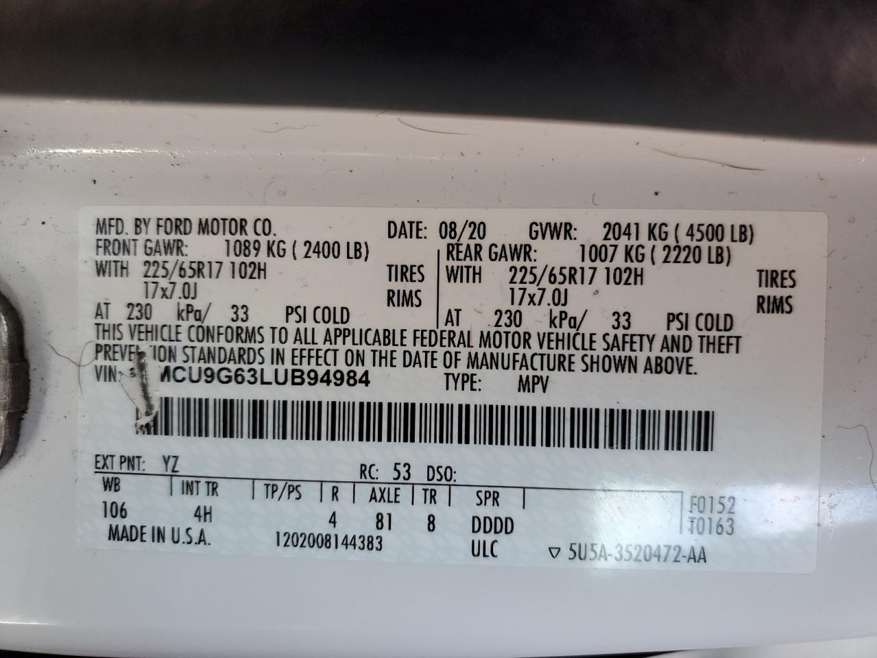 1FMCU9G63LUB94984 FORD ESCAPE 2020