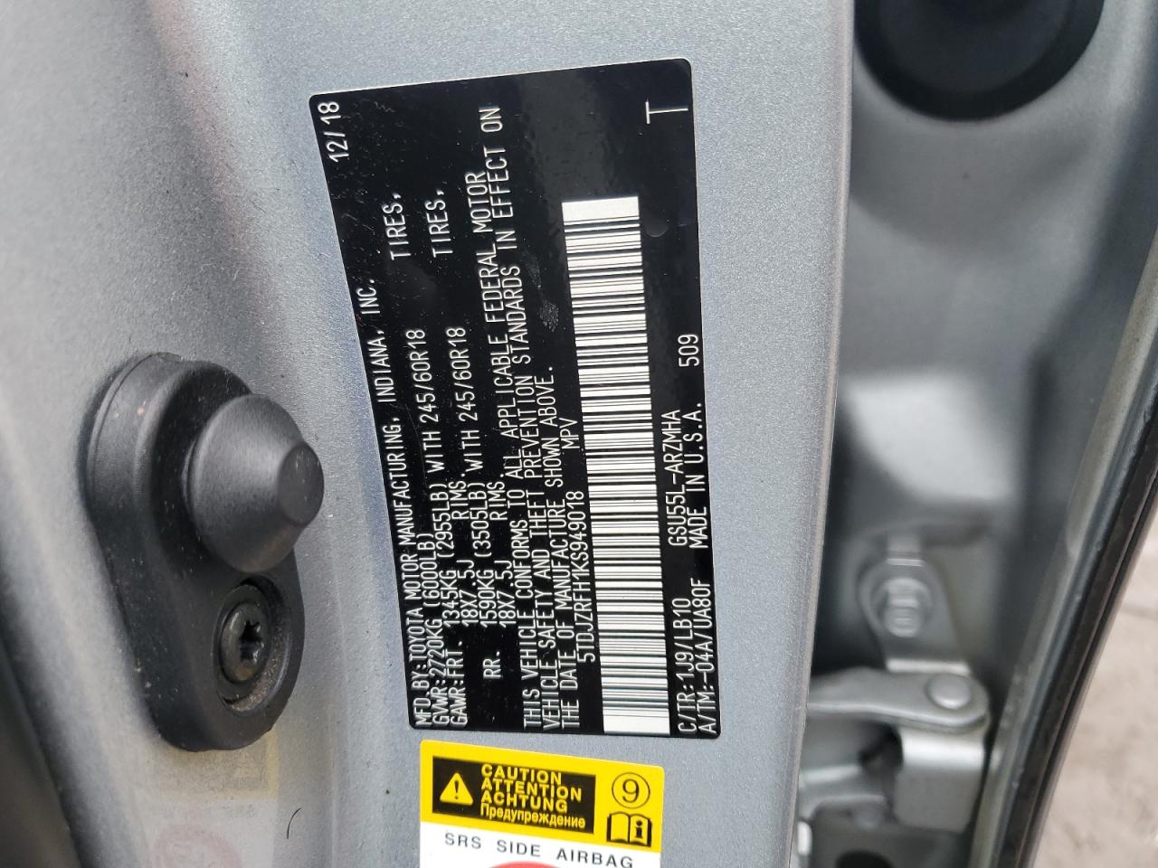 5TDJZRFH1KS949018 TOYOTA HIGHLANDER 2019