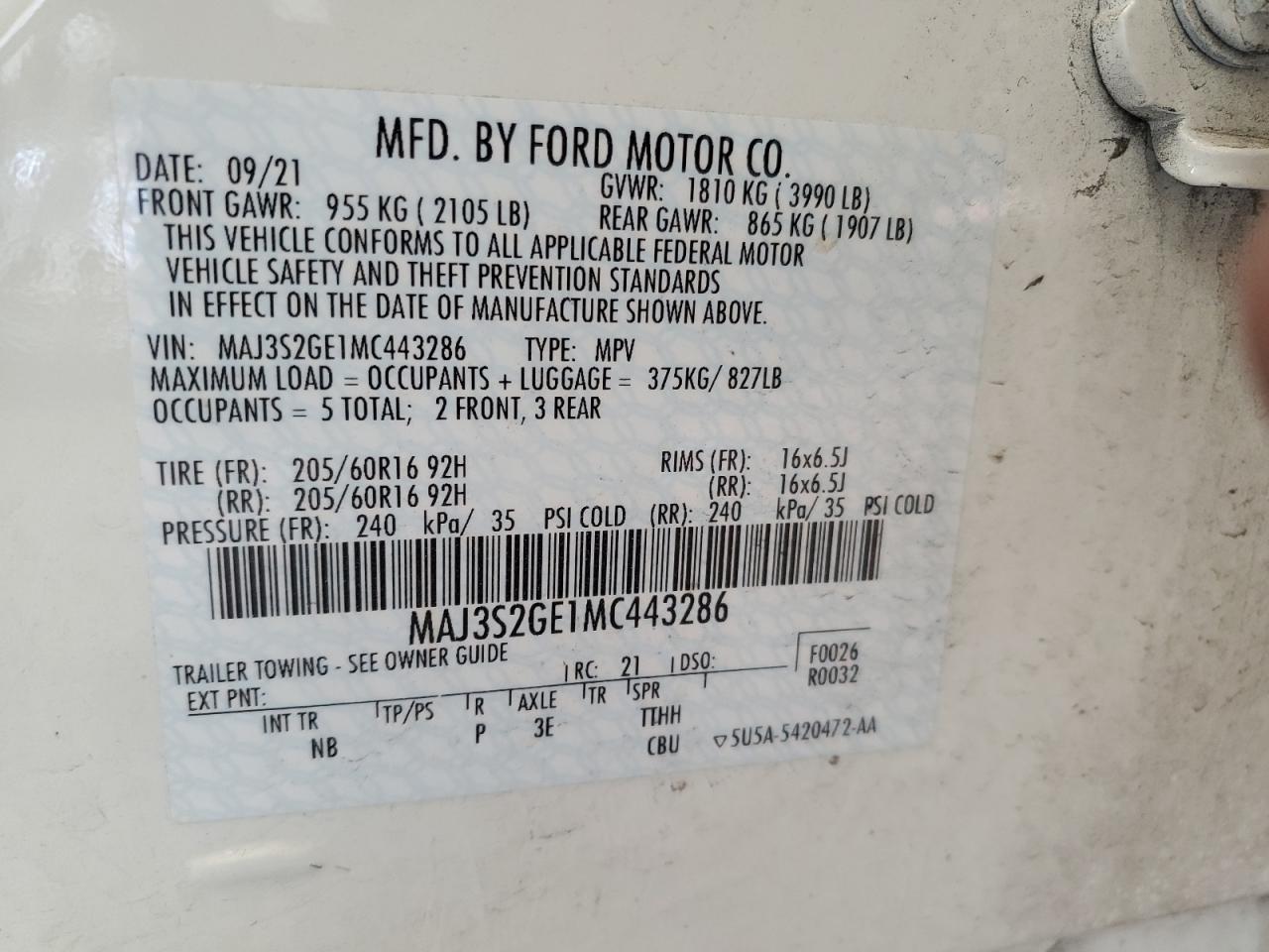 MAJ3S2GE1MC443286 FORD ECOSPORT 2021