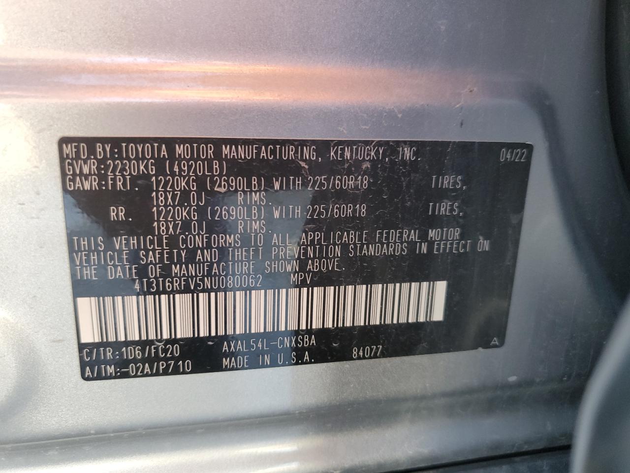 4T3T6RFV5NU080062 TOYOTA RAV4 2022