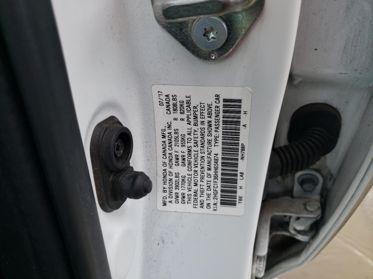 2HGFC1F36HH654874 HONDA CIVIC 2017