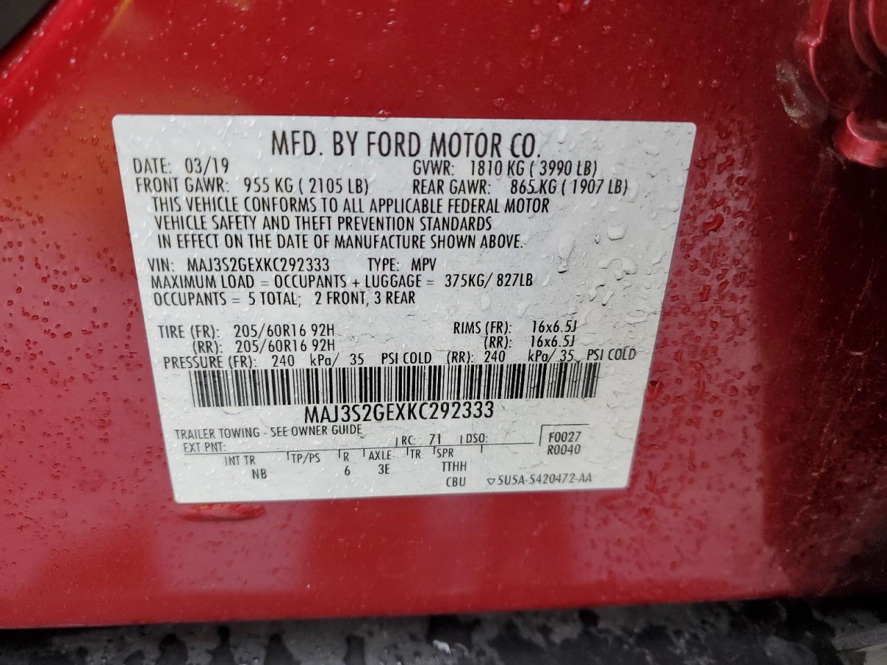 MAJ3S2GEXKC292333 FORD ECOSPORT 2019