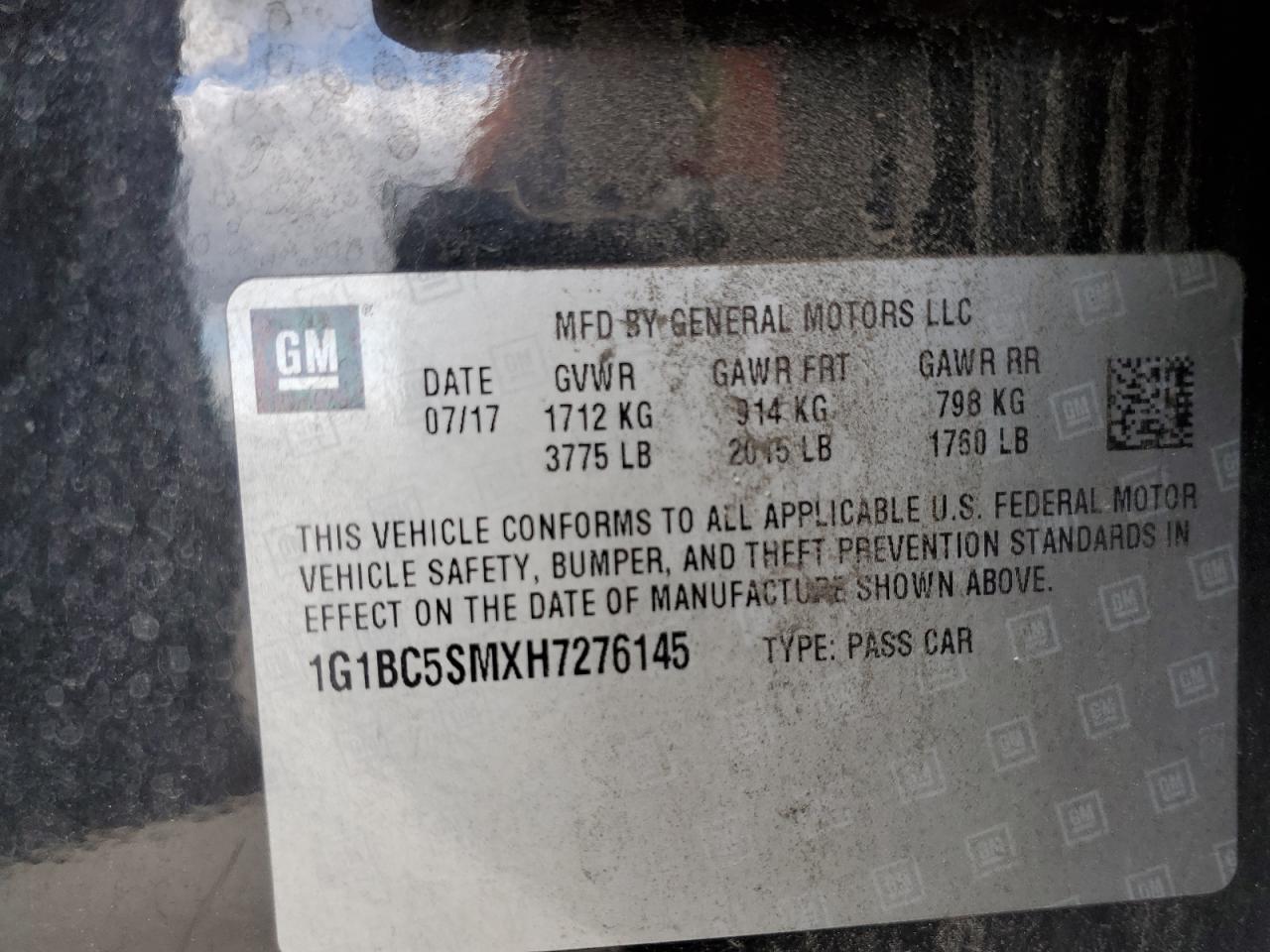1G1BC5SMXH7276145 CHEVROLET CRUZE 2017