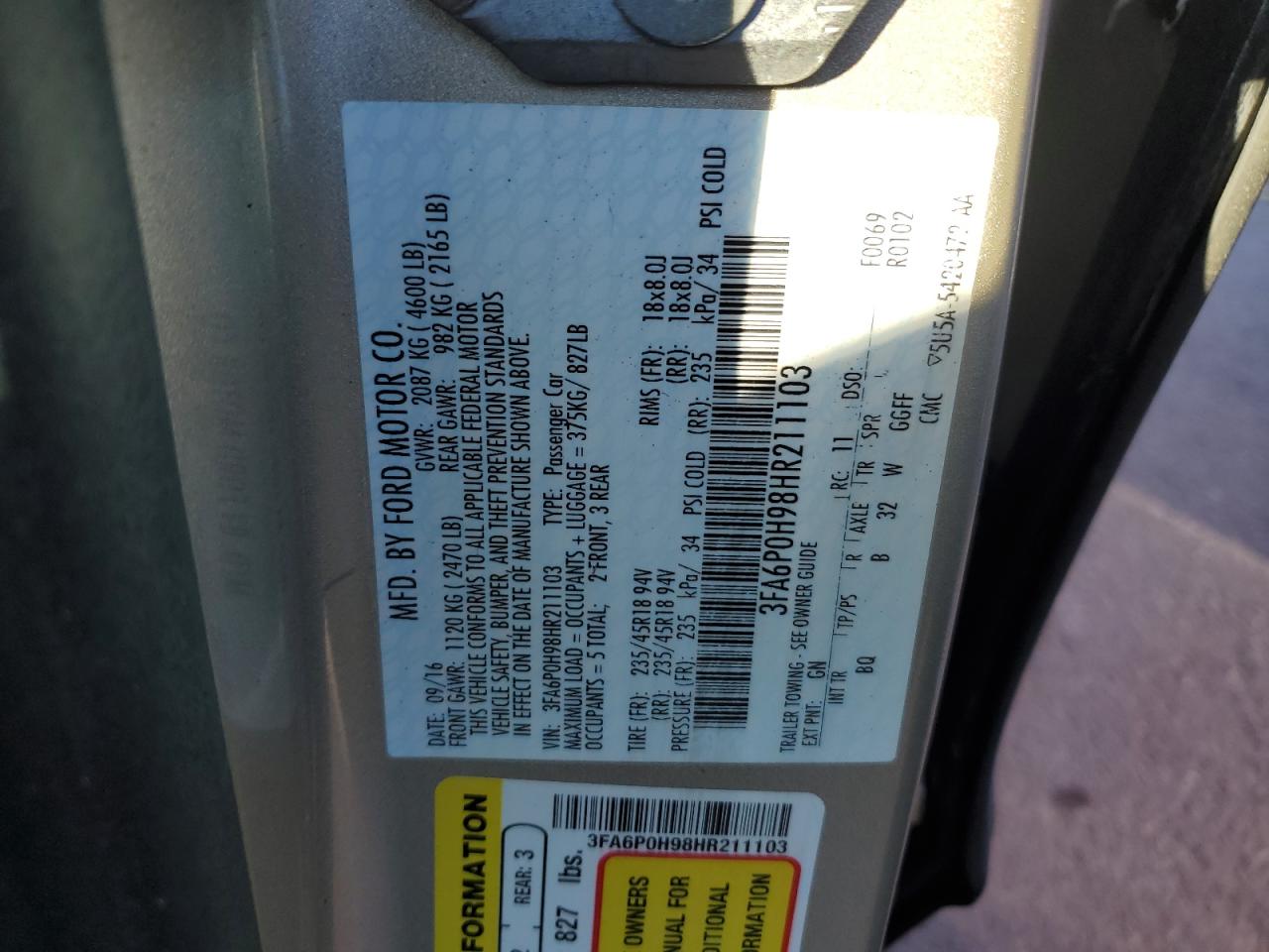 3FA6P0H98HR211103 FORD FUSION 2017