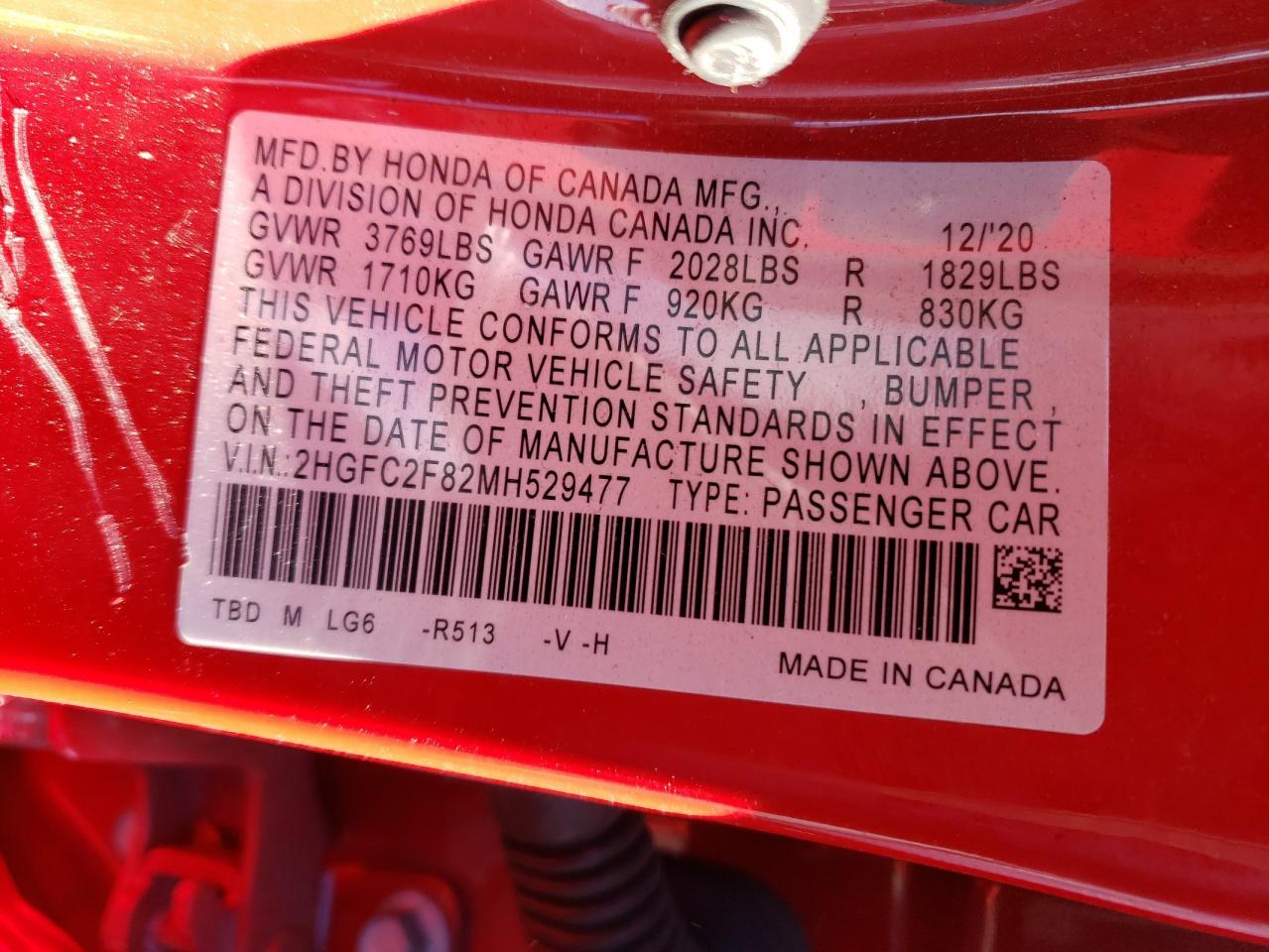 2HGFC2F82MH529477 HONDA CIVIC 2021