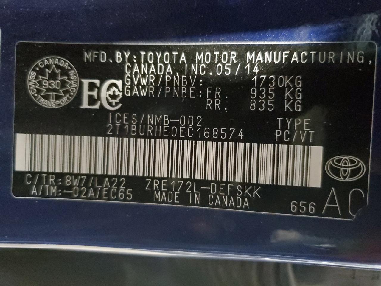 2T1BURHE0EC168574 2014 Toyota Corolla L