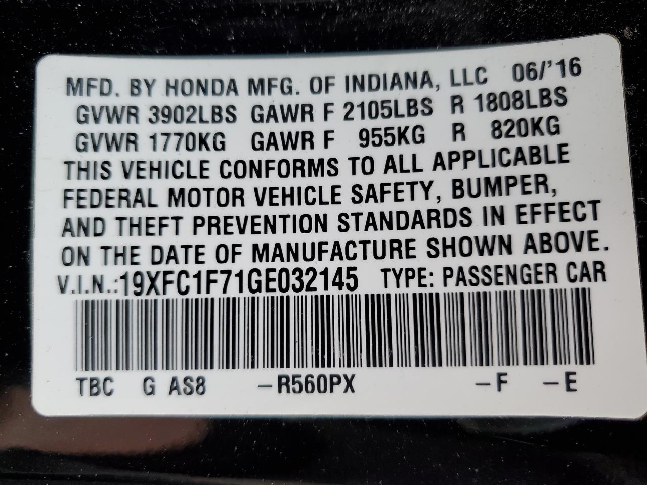 19XFC1F71GE032145 HONDA CIVIC 2016
