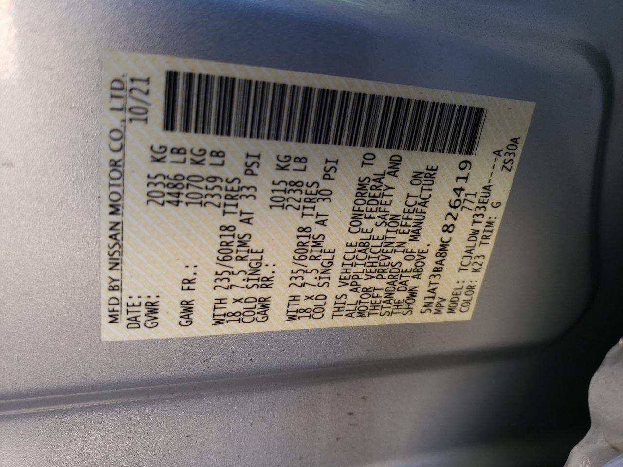 VIN: 5N1AT3BA8MC826419 2021 NISSAN ROGUE