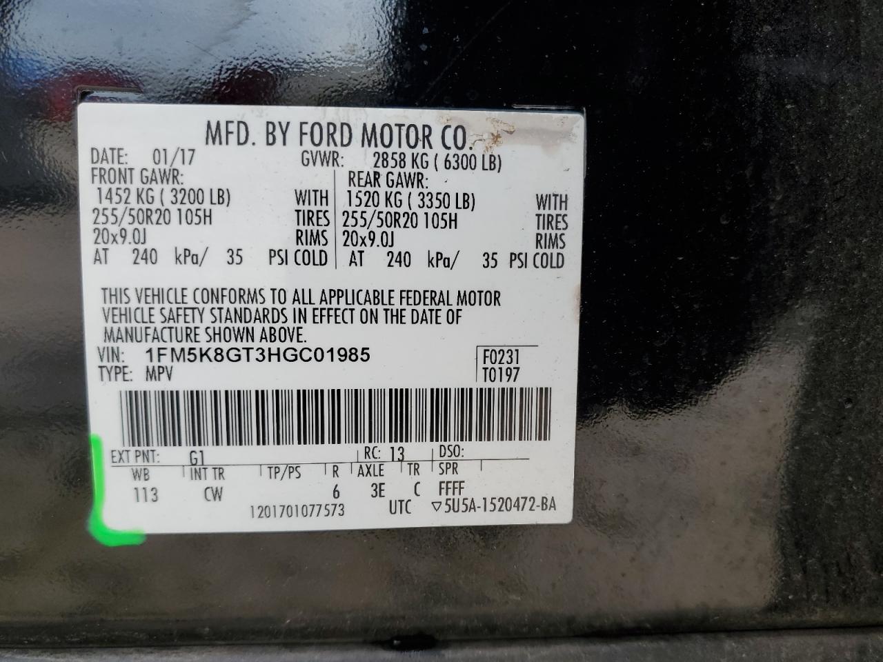 1FM5K8GT3HGC01985 FORD EXPLORER 2017