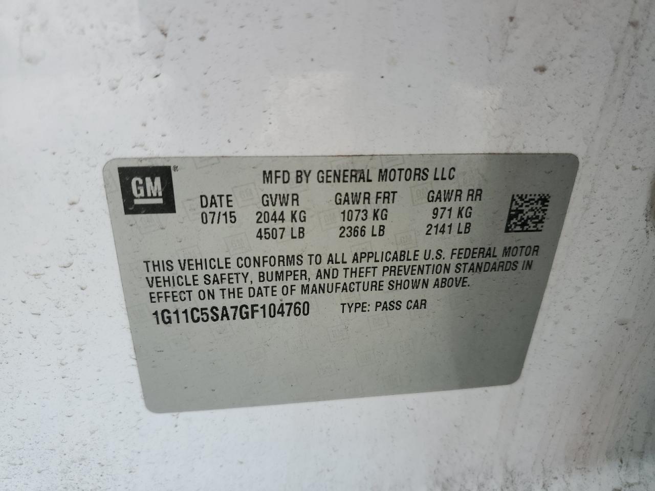 1G11C5SA7GF104760 CHEVROLET MALIBU 2016