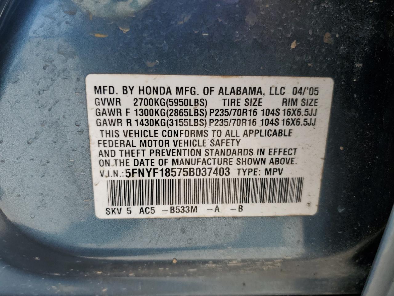 5FNYF18575B037403 2005 Honda Pilot Exl