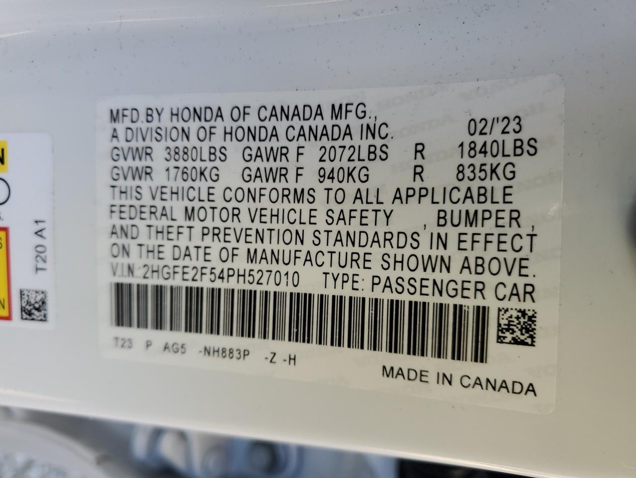 2HGFE2F54PH527010 HONDA CIVIC 2023