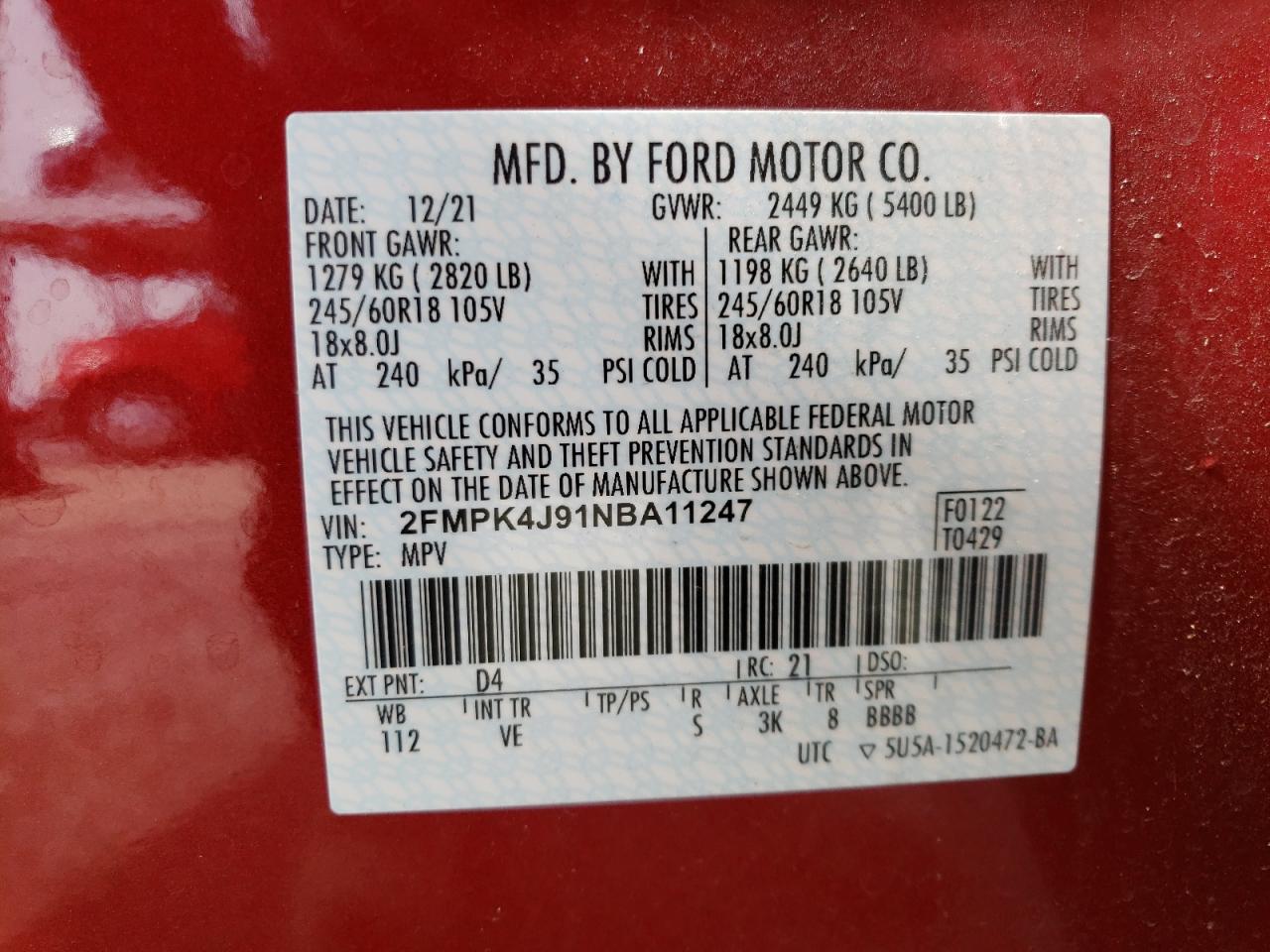 2FMPK4J91NBA11247 FORD EDGE 2022