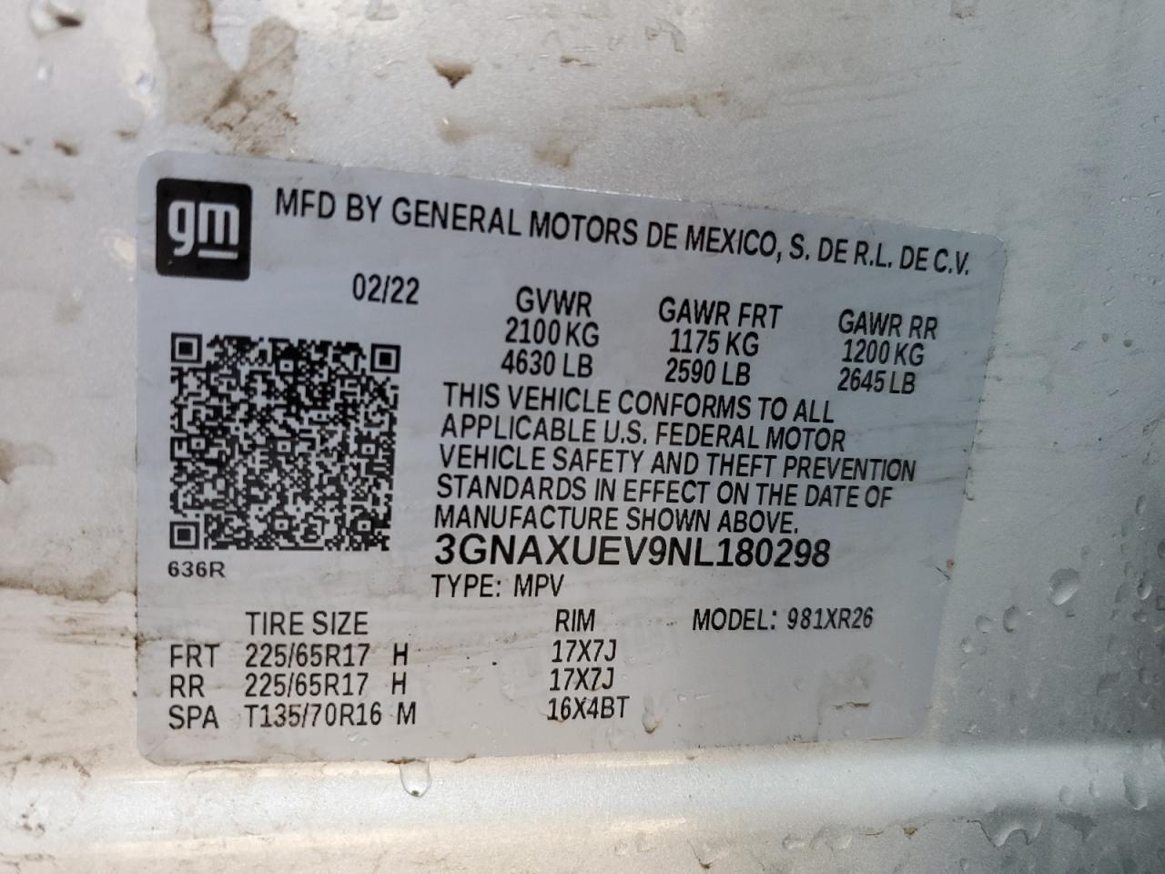 3GNAXUEV9NL180298 CHEVROLET EQUINOX 2022